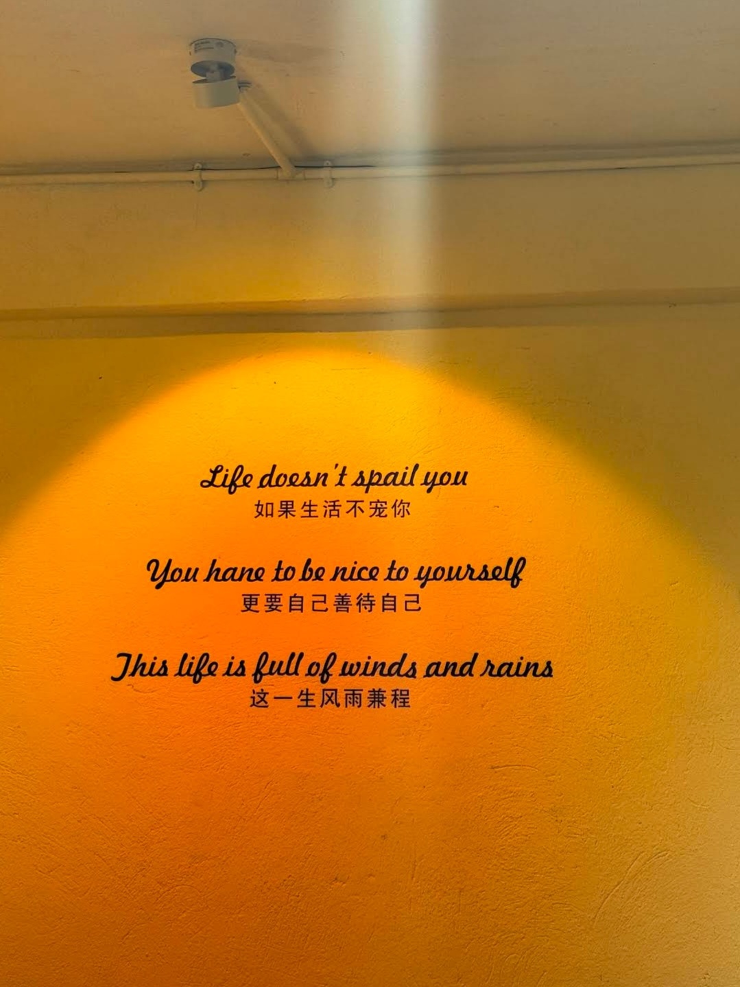 Calligraphy quote on warm-lit wall
